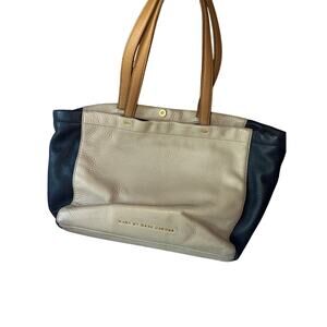 Marc by Marc Jacobs Leather Colorblock Tote Bag Cream Navy Tan Large Shoulder